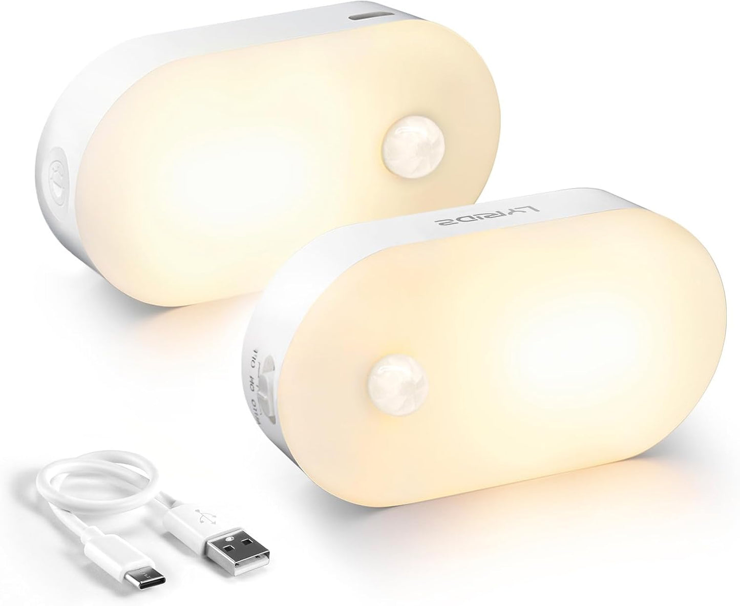 Rechargeable Motion Sensor Night Light (2-Pack), Portable Mini Warm White LED Stick-On Closet Light, Adjustable Brightness for Bathroom, Bedroom, Kitchen, Cabinet, Stairs