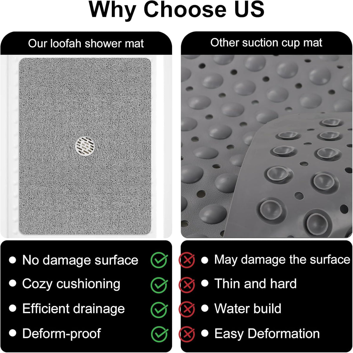 Shower Mat Non Slip, 47" X 32" Extra Large Soft Loofah Shower Mats for inside Shower with Center Drain Hole, anti Slip Shower Floor Mat for Elderly, Quick Drying, Grey
