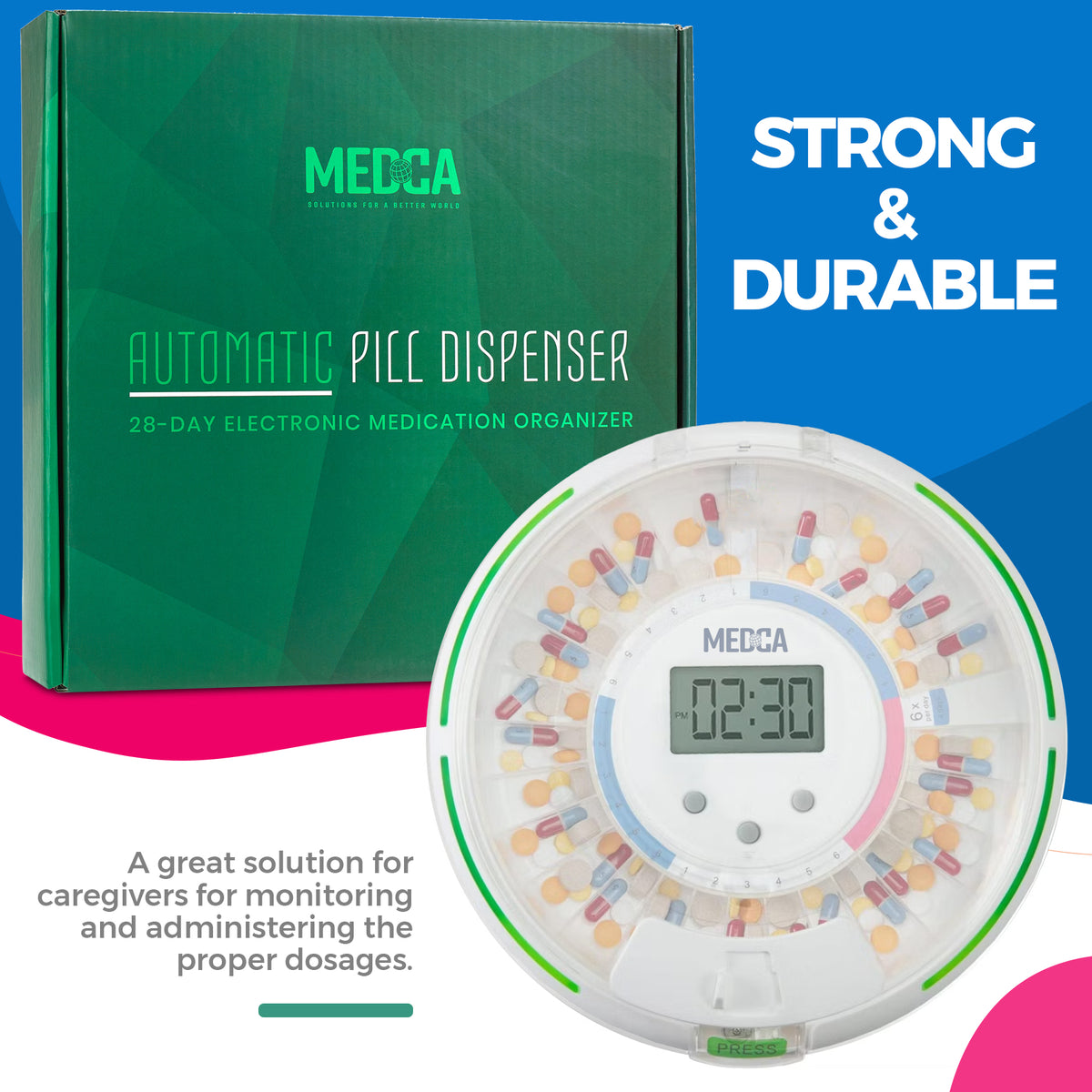 Automatic Pill Dispenser, LCD Display, Light & Sound Alarm, Plastic