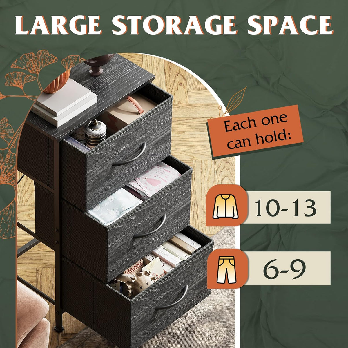 3 Drawer and 9 Drawer Dresser Set, Dresser for Bedroom, Closet, Hallway, Storage Organizer Unit, Dressers & Chests of Drawers with Fabric Bins, Charcoal Black Wood Grain Print