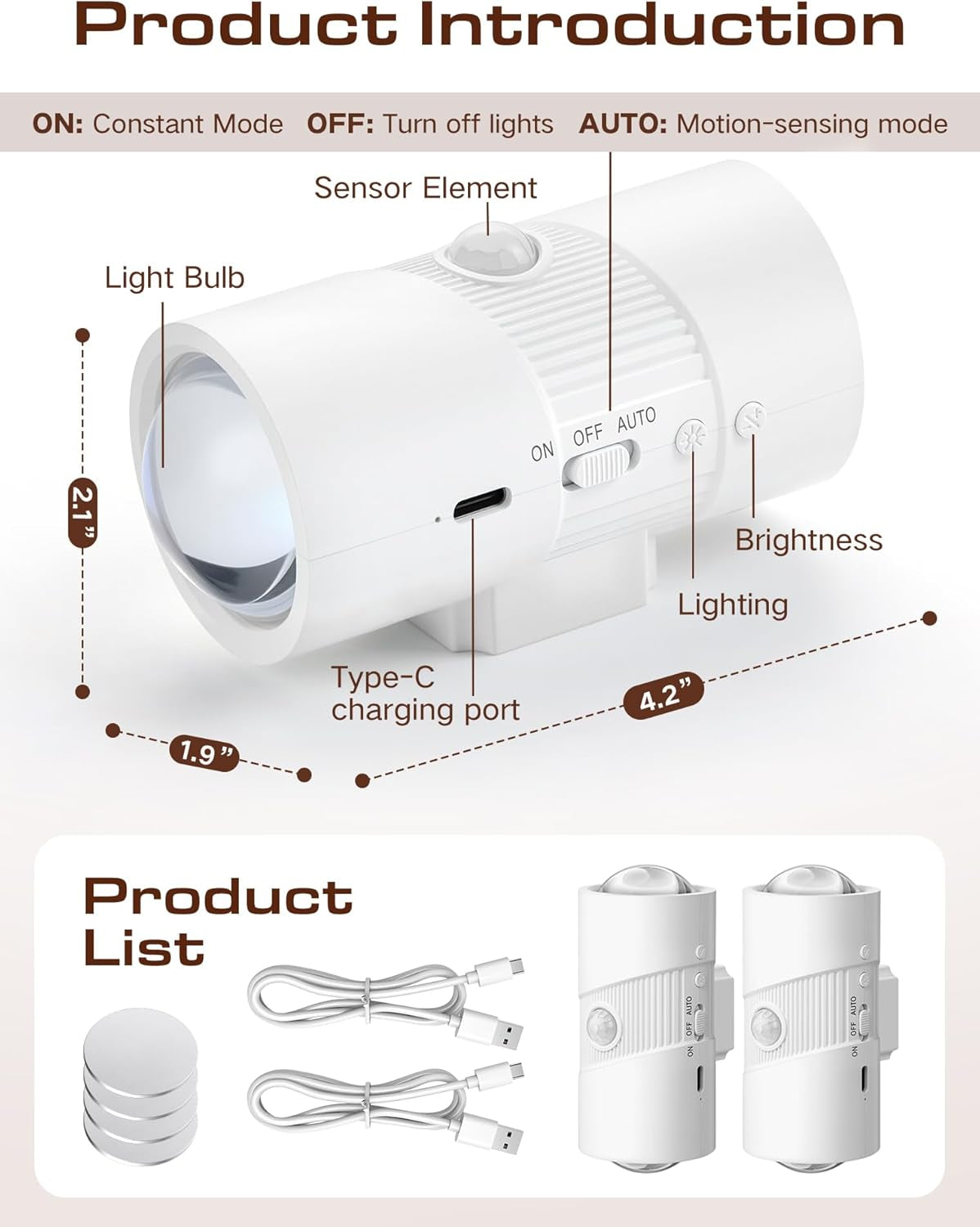 Rechargeable Motion Sensor Night Light - Color Changing LED Wall with Magnetic Adhesive - Set of 2