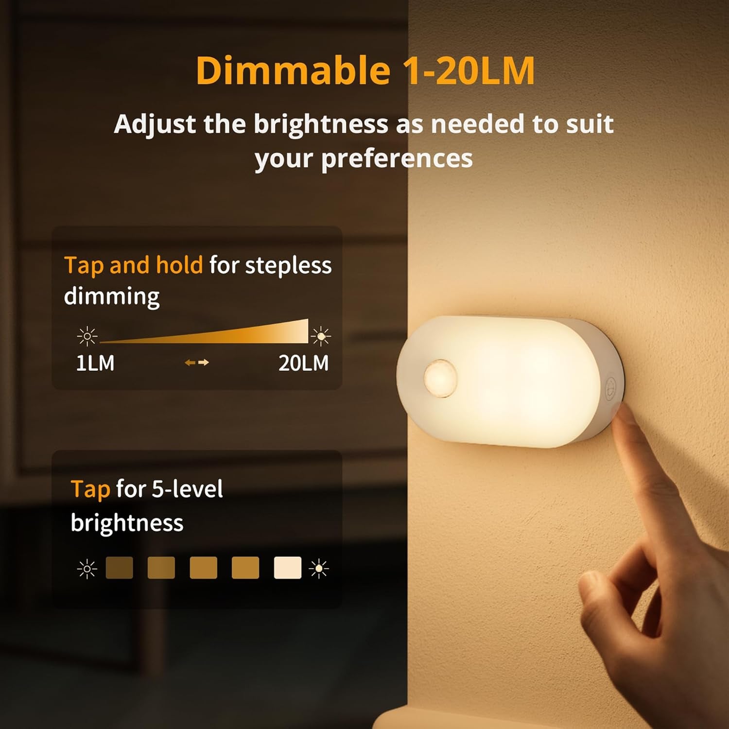 Rechargeable Motion Sensor Night Light (2-Pack), Portable Mini Warm White LED Stick-On Closet Light, Adjustable Brightness for Bathroom, Bedroom, Kitchen, Cabinet, Stairs