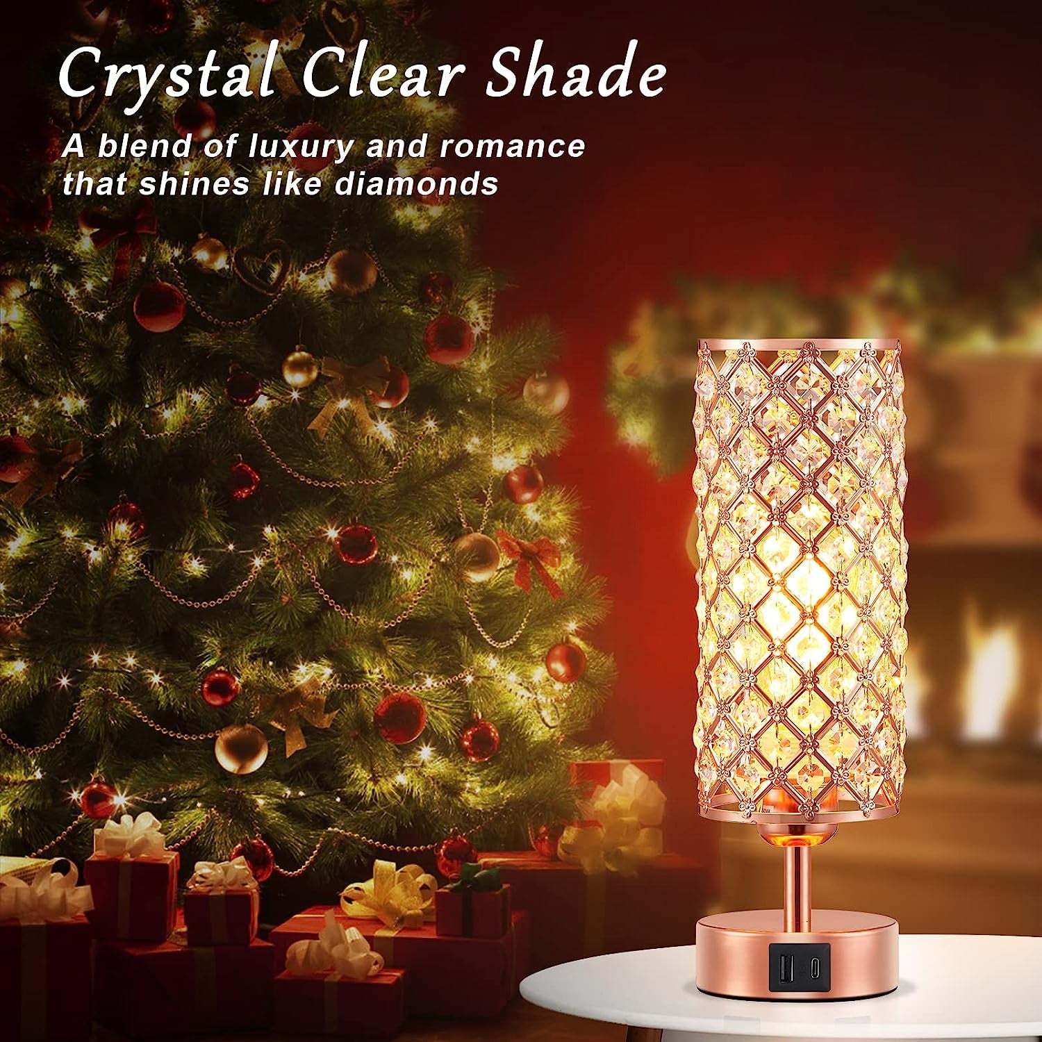 Crystal Table Lamp - 3-Way Dimmable Touch Control,  with USB Charging & AC Outlets