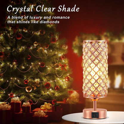 Crystal Table Lamp - 3-Way Dimmable Touch Control,  with USB Charging & AC Outlets