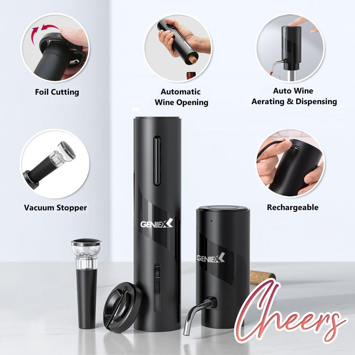 Electric Wine Set 4 | Automatic Wine Opener Dispenser Gift Set - Electric Corkscrew Opener & Auto Wine Dispenser | Ideal Housewarming Gifts and Presents for Fathers