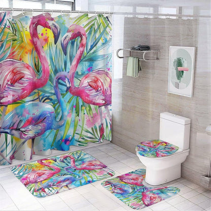4 Piece Watercolor Dragon Shower Curtain Set with Rugs, Majestic Animal Mountain Moon Include Bathroom Non-Slip Floor Mat, U-Shaped Bath Rug and Toilet Cover Lid with 12 Hooks