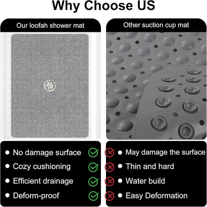 Shower Mat Non Slip, 47" X 32" Extra Large Soft Loofah Shower Mats for inside Shower with Center Drain Hole, anti Slip Shower Floor Mat for Elderly, Quick Drying, Grey