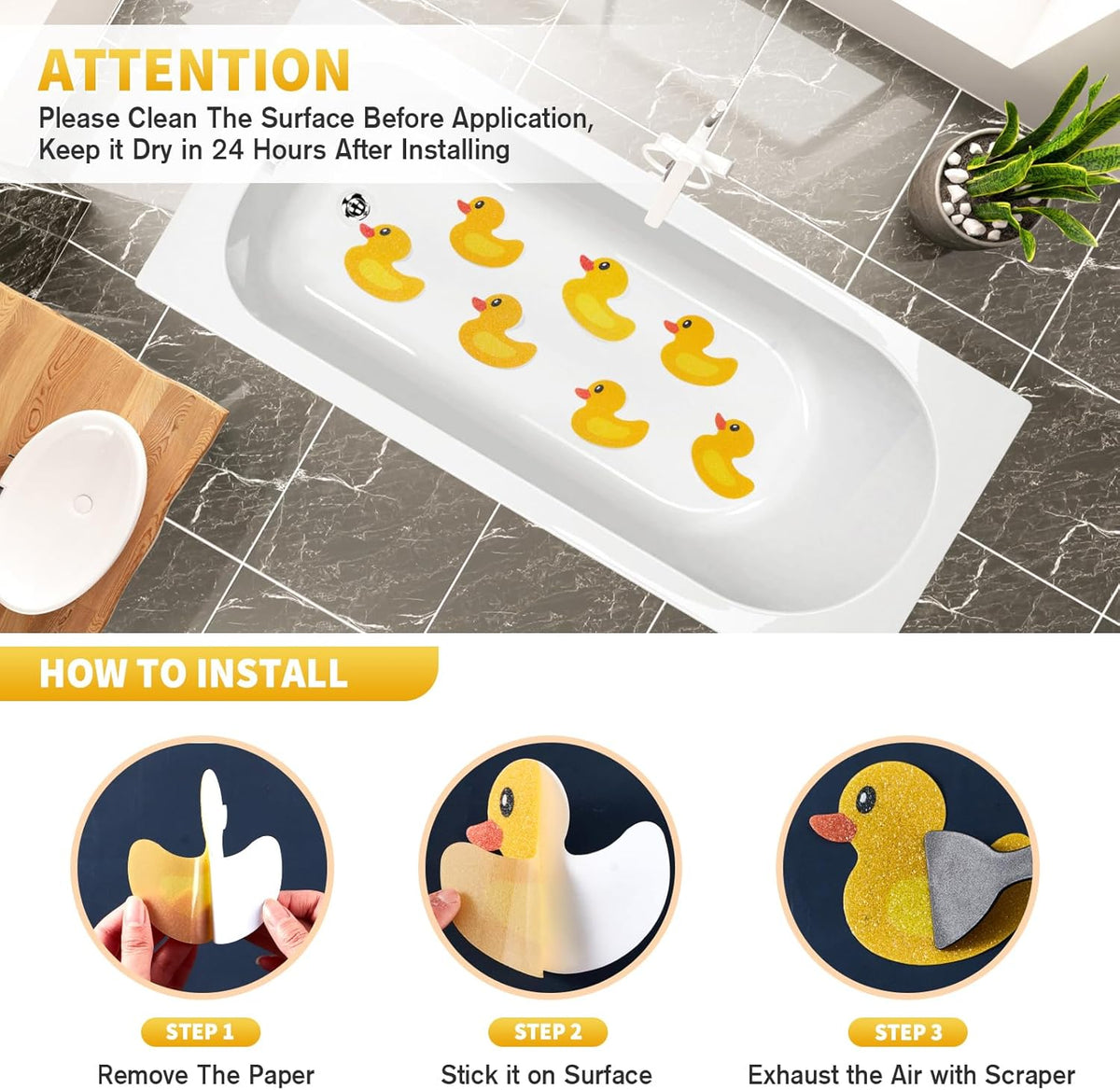 20 PCS Non Slip Bathtub Stickers, Cute Duck Creature Shower Stickers for Kids, Bathtub Non Slip and Adhesive Decals Scraper for Safety Bathroom Tubs, Shower Floor, Stairs