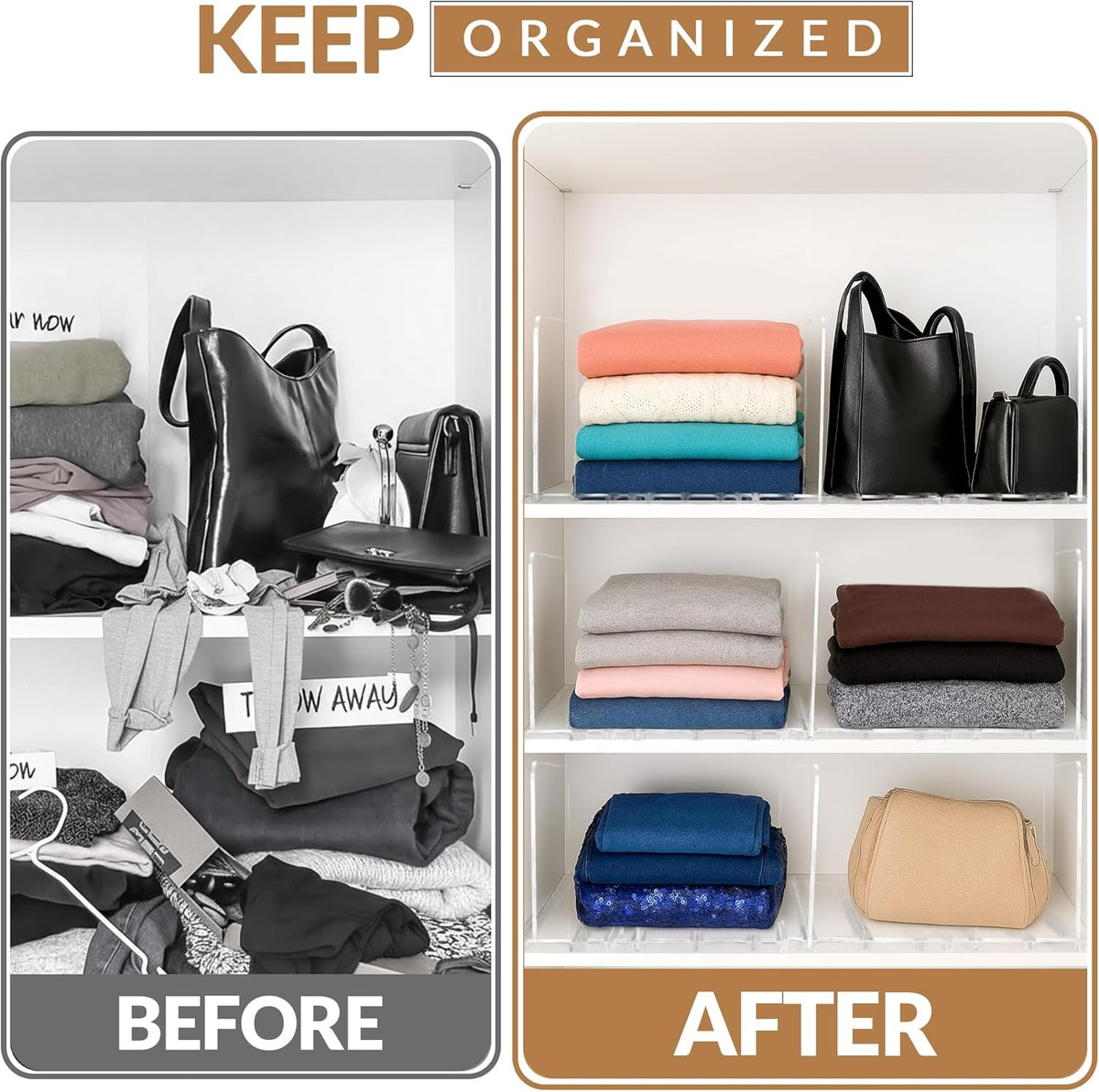 Adjustable Bag & Purse Organizer for Closet | Clear Shelf Dividers for Closet Organization, Vertical Handbag Separator for Sweater, Shirts & Clutches, Perfect for Bedroom, Living Room, Home