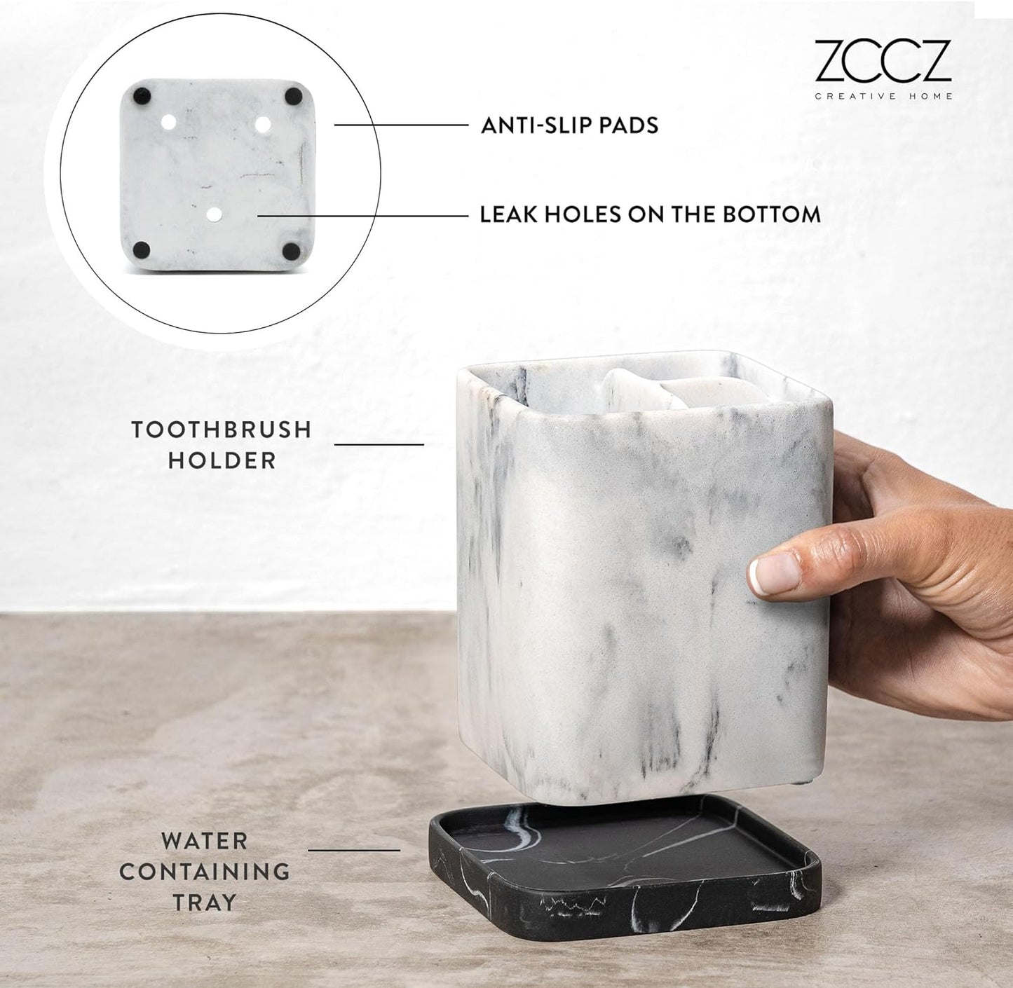 Marble Look Toothbrush Holder Organizer with Detachable Tray