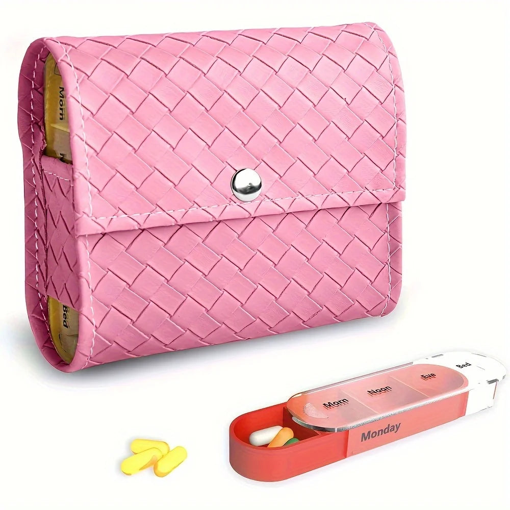 Weekly Pill Organizer Box Case Travel Medication Reminder Daily AM PM, Day Night 7 Compartments in Leather Carrying Case
