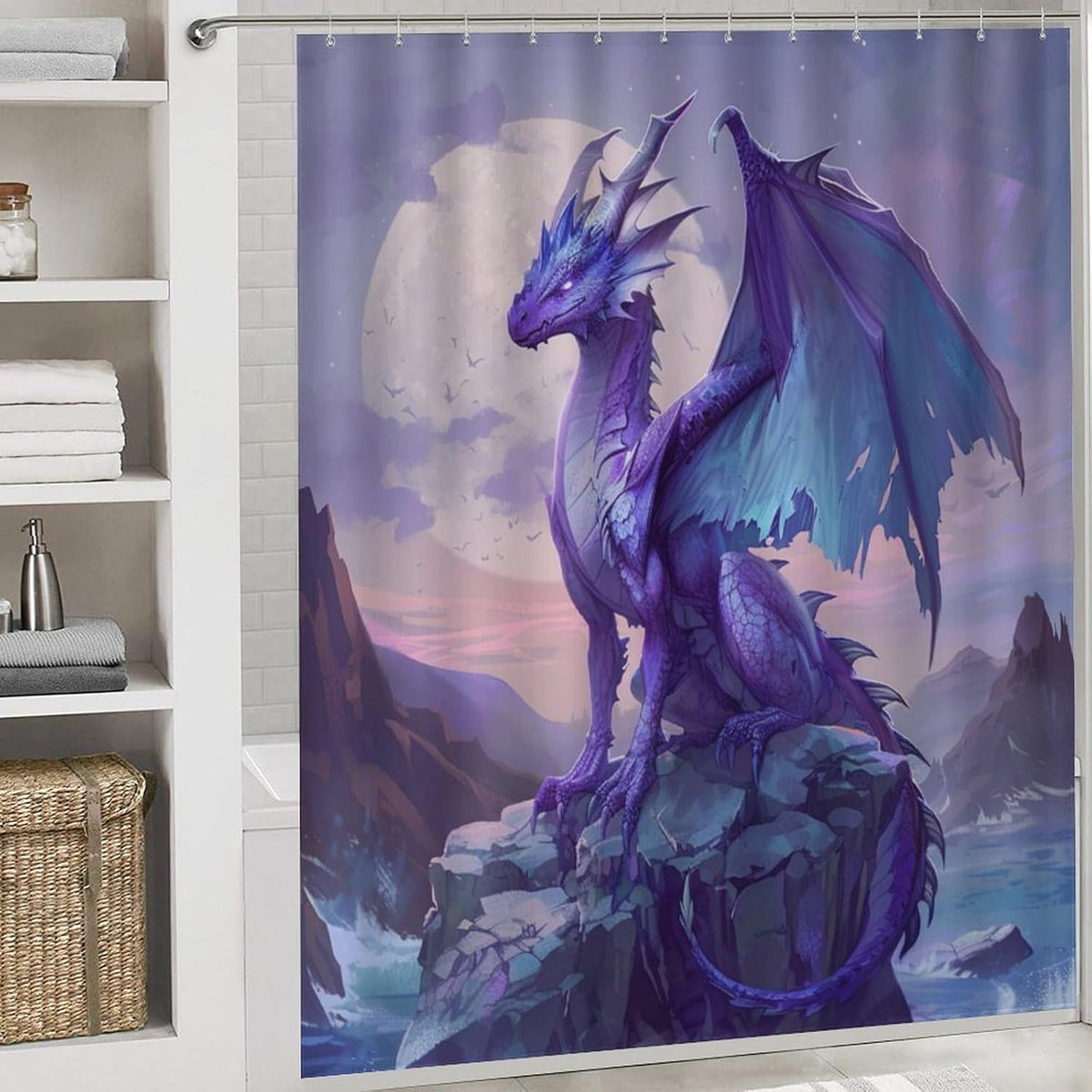 4 Piece Watercolor Dragon Shower Curtain Set with Rugs, Majestic Animal Mountain Moon Include Bathroom Non-Slip Floor Mat, U-Shaped Bath Rug and Toilet Cover Lid with 12 Hooks