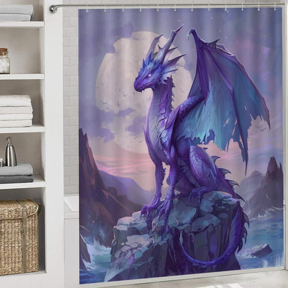 4 Piece Watercolor Dragon Shower Curtain Set with Rugs, Majestic Animal Mountain Moon Include Bathroom Non-Slip Floor Mat, U-Shaped Bath Rug and Toilet Cover Lid with 12 Hooks
