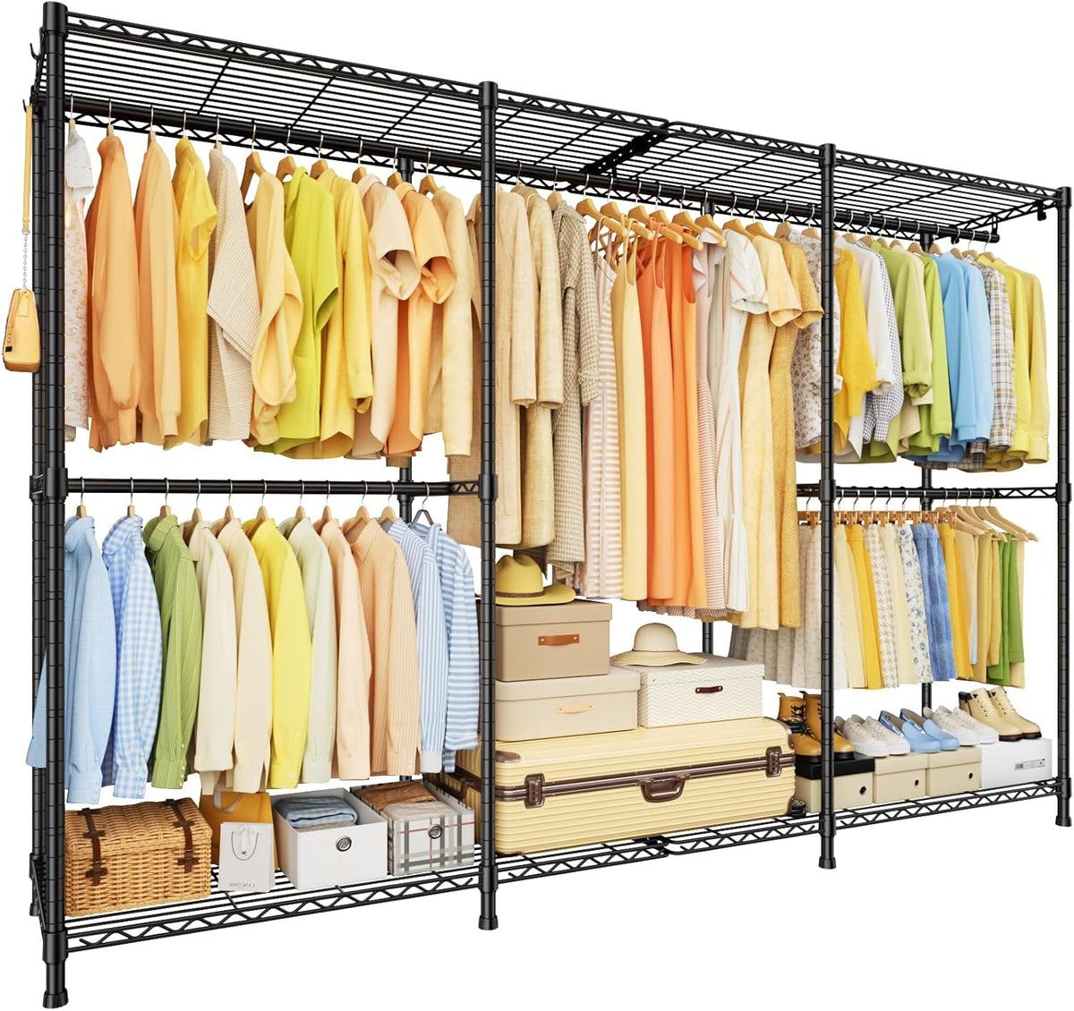 E14 Pro Heavy Duty Clothes Rack，Freestanding Clothing Racks for Hanging Clothes，Adjustable Closet Organizers and Storage，Metal Garment Rack with Shelves 69"W X16"D X77"H，Max Load 960Lbs，Black