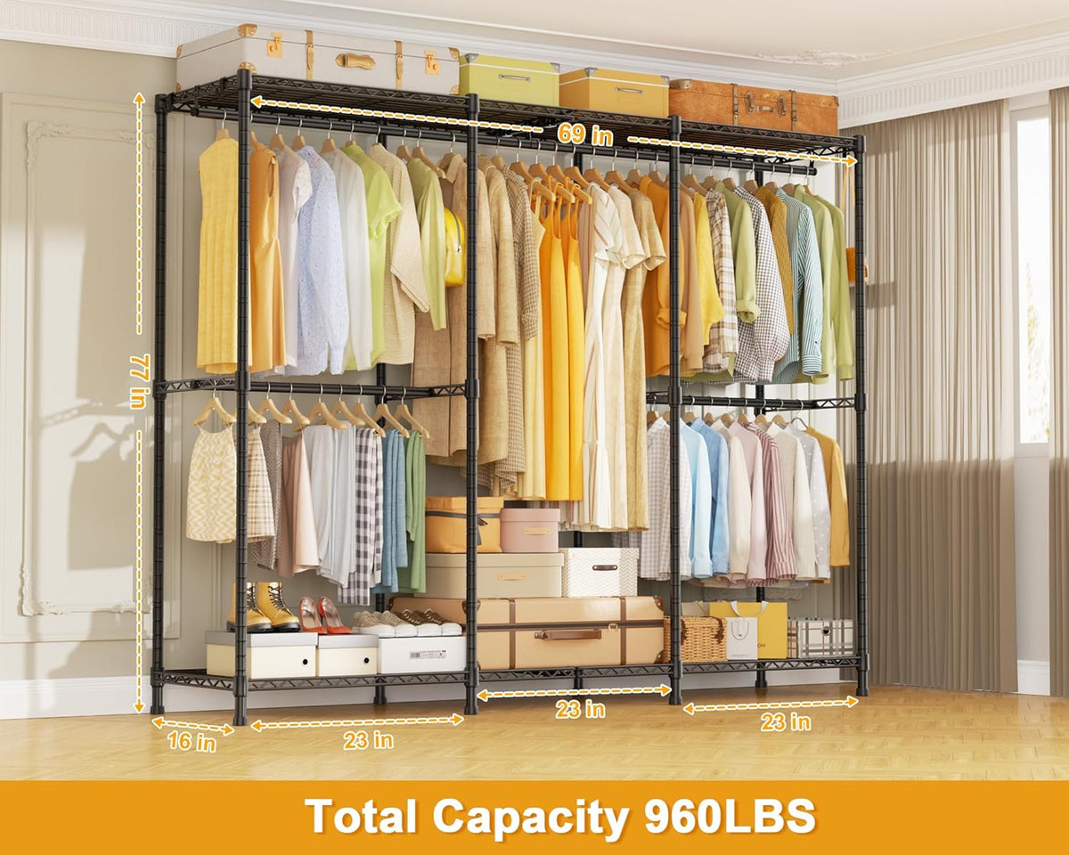 E14 Pro Heavy Duty Clothes Rack，Freestanding Clothing Racks for Hanging Clothes，Adjustable Closet Organizers and Storage，Metal Garment Rack with Shelves 69"W X16"D X77"H，Max Load 960Lbs，Black