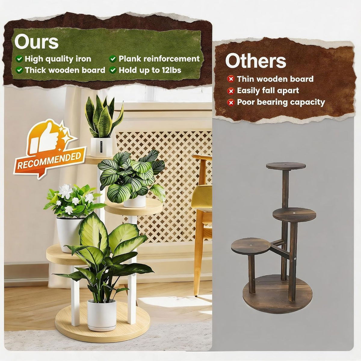 3-Tier Metal & Wood Plant Stand – Corner Shelf for Indoor Plants