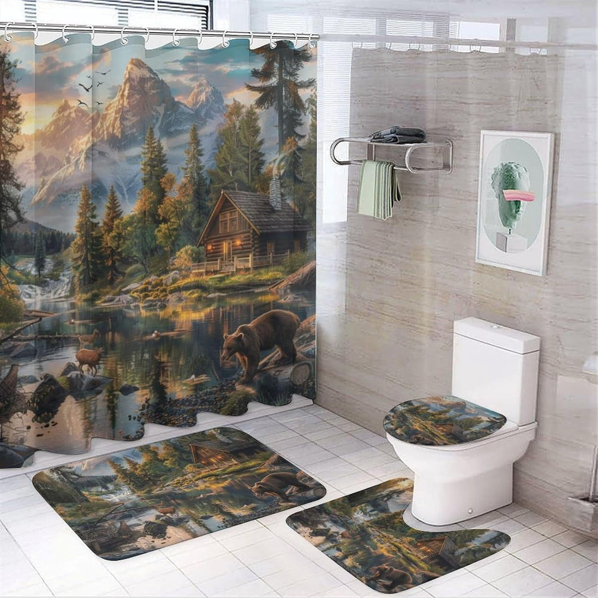 4 Piece Watercolor Dragon Shower Curtain Set with Rugs, Majestic Animal Mountain Moon Include Bathroom Non-Slip Floor Mat, U-Shaped Bath Rug and Toilet Cover Lid with 12 Hooks
