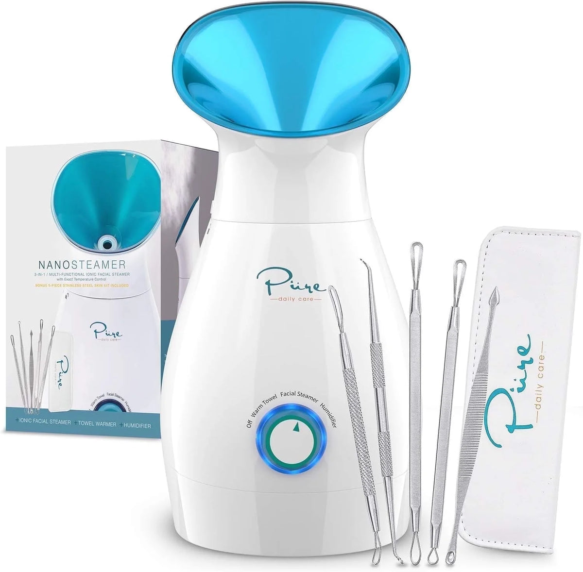Nano Steamer 3-In-1 Ionic Facial Nano Facial Mister 5-Piece Stainless Steel Skin Kit (Silver)