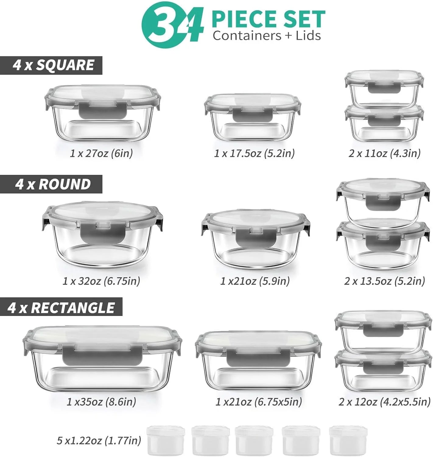 34-Piece Glass Food Storage Containers Set with Lids, Airtight Meal Prep Containers (17 Containers & 17 Lids)