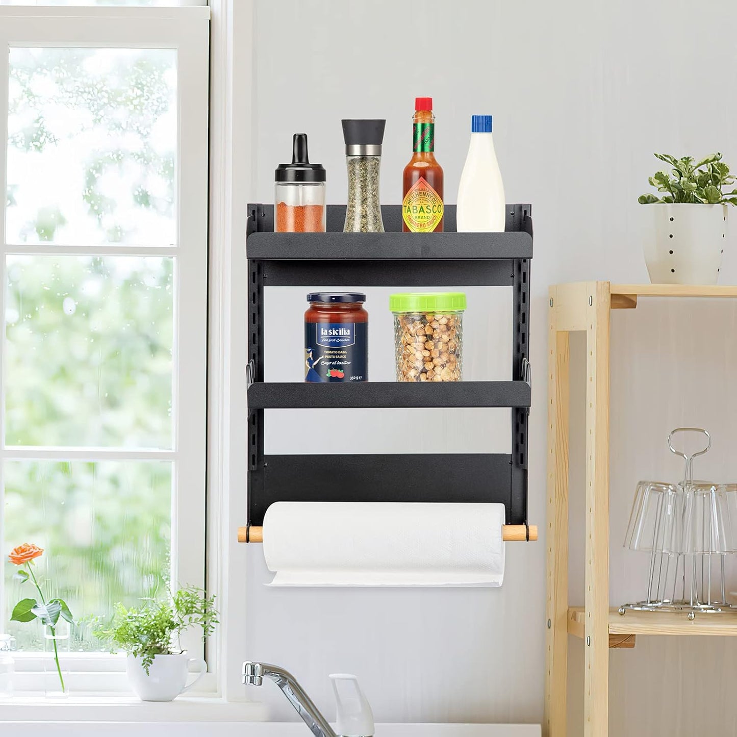 2 Tier Magnetic Spice Organizer with Paper Towel Holder for Kitchen Storage