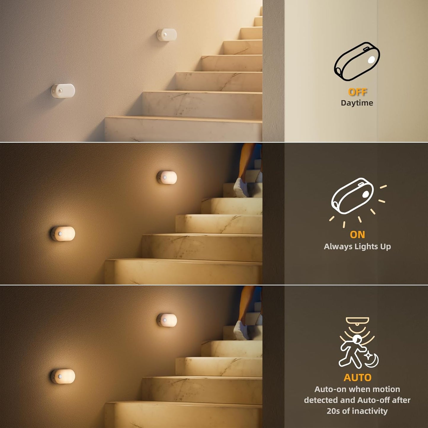 Rechargeable Motion Sensor Night Light (2-Pack), Portable Mini Warm White LED Stick-On Closet Light, Adjustable Brightness for Bathroom, Bedroom, Kitchen, Cabinet, Stairs