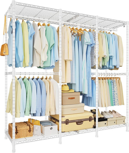 E14 Pro Heavy Duty Clothes Rack，Freestanding Clothing Racks for Hanging Clothes，Adjustable Closet Organizers and Storage，Metal Garment Rack with Shelves 69"W X16"D X77"H，Max Load 960Lbs，Black