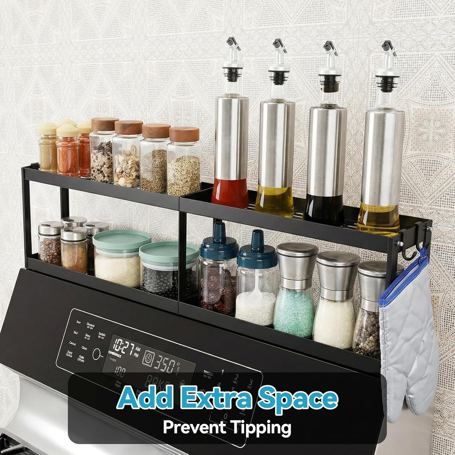 2 Tier Strong Magnetic Oven Shelf with 2 Anti-Slip Mats & 4 Hooks