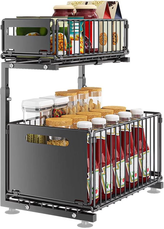 Pull Out Cabinet Organizer, 2 Tier under Sink Organizer, Slide Out Metal Kitchen Drawer Shelf, Storage Shelves for Home Laundry Room RV Pantry Spice Black