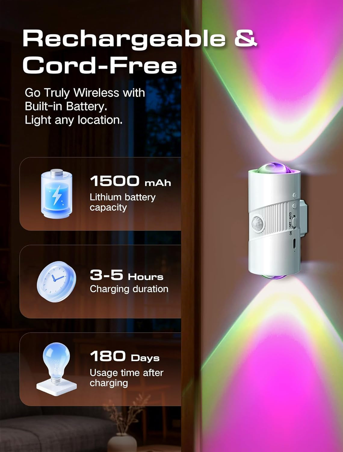 Rechargeable Motion Sensor Night Light - Color Changing LED Wall with Magnetic Adhesive - Set of 2