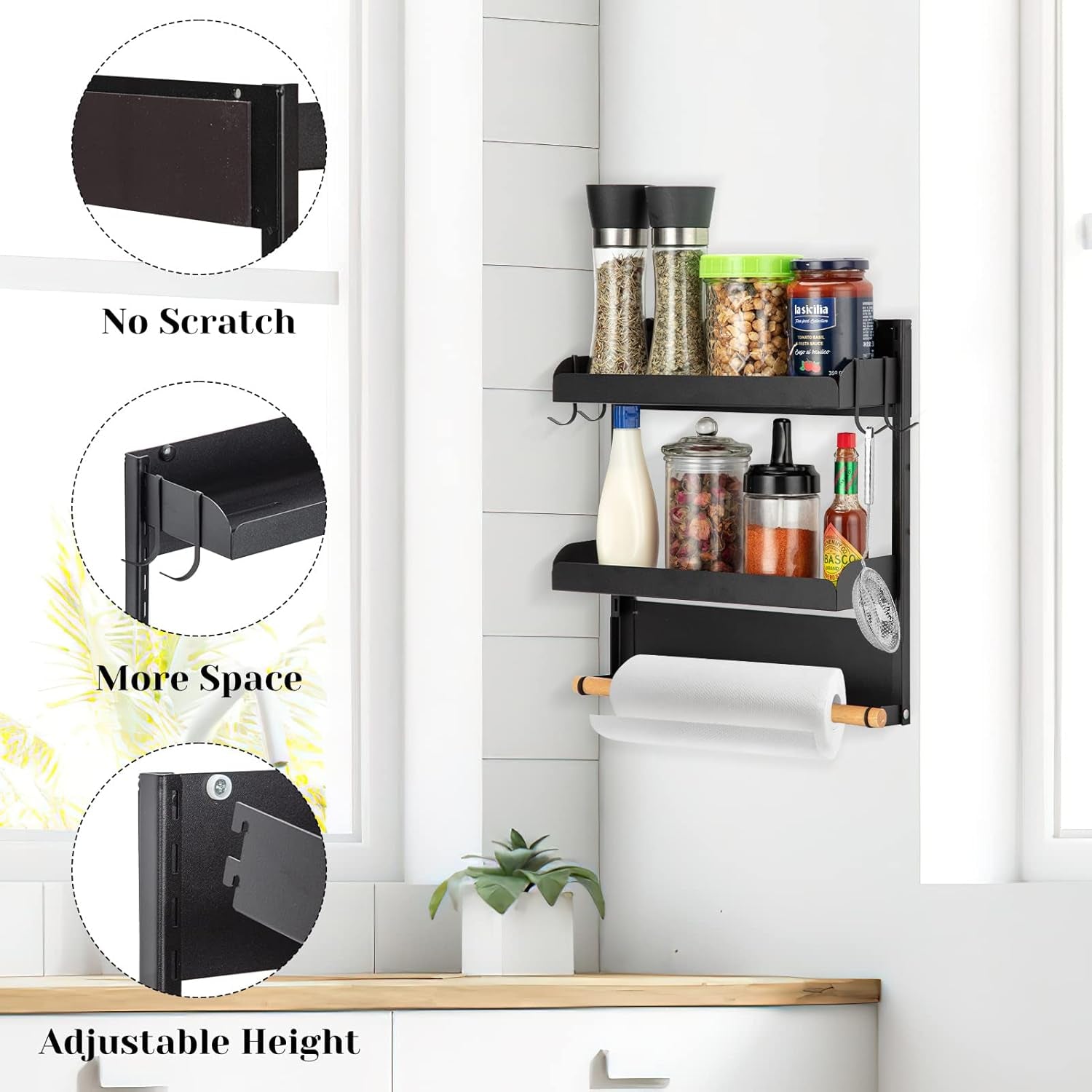 2 Tier Magnetic Spice Organizer with Paper Towel Holder for Kitchen Storage