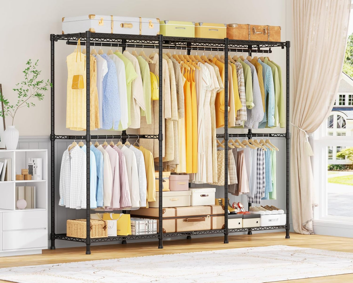E14 Pro Heavy Duty Clothes Rack，Freestanding Clothing Racks for Hanging Clothes，Adjustable Closet Organizers and Storage，Metal Garment Rack with Shelves 69"W X16"D X77"H，Max Load 960Lbs，Black