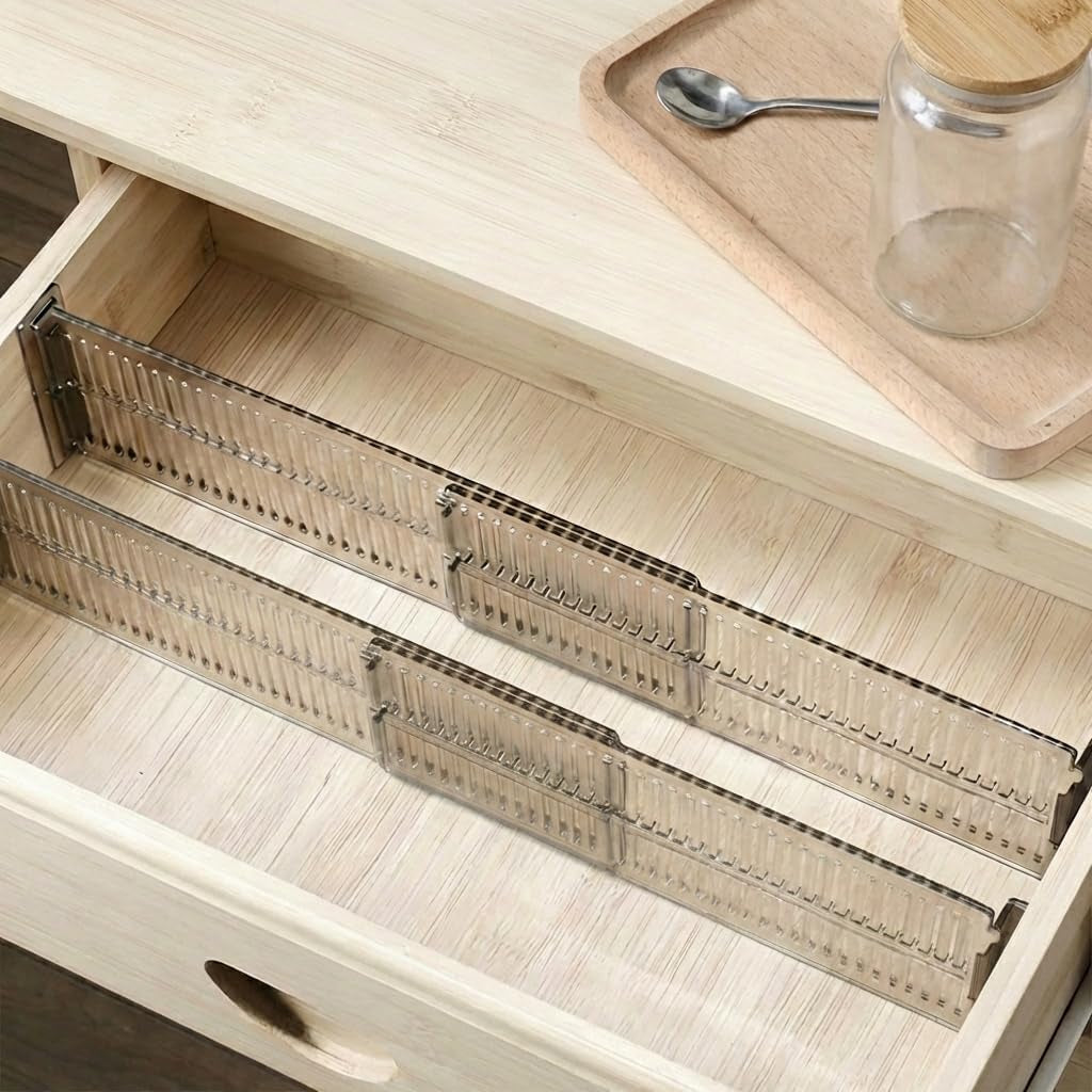 4 Pack Adjustable Expandable Drawer Dividers Organizers (2 Sets) Plastic Separators for Bedroom Bathroom Closet Kitchen Dresser