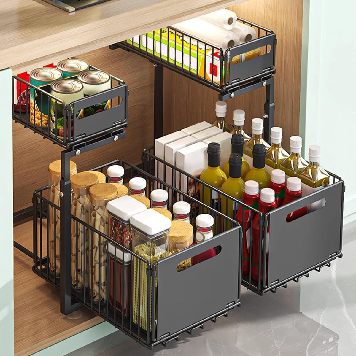 Pull Out Cabinet Organizer, 2 Tier under Sink Organizer, Slide Out Metal Kitchen Drawer Shelf, Storage Shelves for Home Laundry Room RV Pantry Spice Black