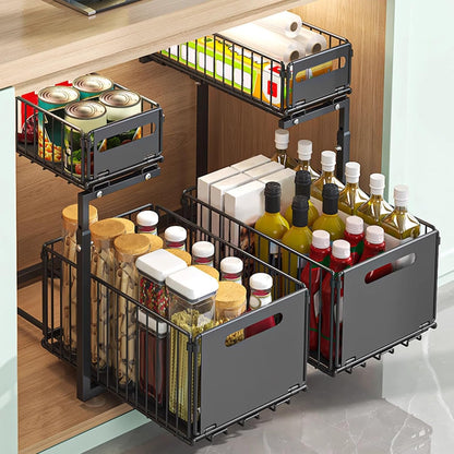 Pull Out Cabinet Organizer, 2 Tier under Sink Organizer, Slide Out Metal Kitchen Drawer Shelf, Storage Shelves for Home Laundry Room RV Pantry Spice Black