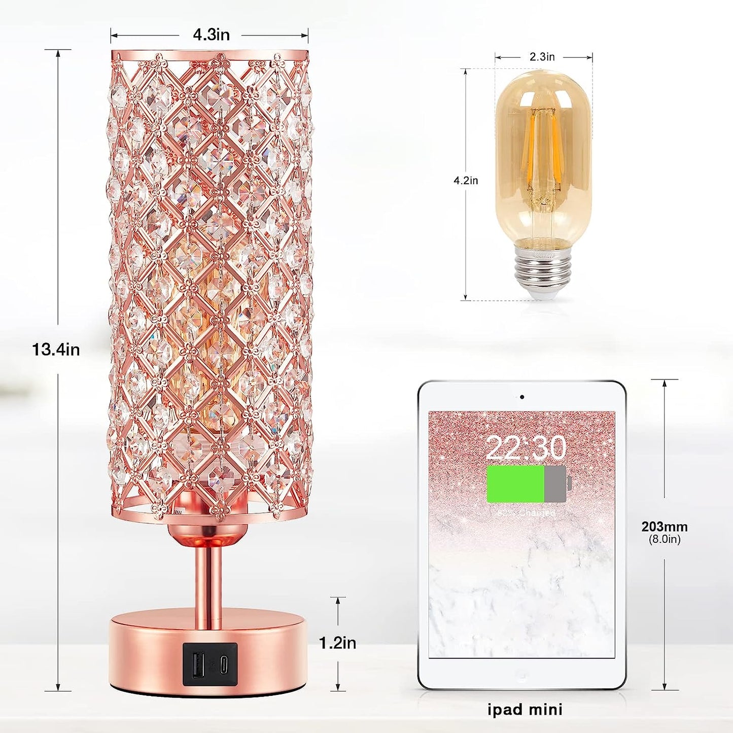 Crystal Table Lamp - 3-Way Dimmable Touch Control,  with USB Charging & AC Outlets