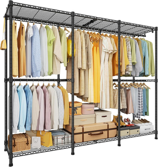 E14 Pro Heavy Duty Clothes Rack，Freestanding Clothing Racks for Hanging Clothes，Adjustable Closet Organizers and Storage，Metal Garment Rack with Shelves 69"W X16"D X77"H，Max Load 960Lbs，Black