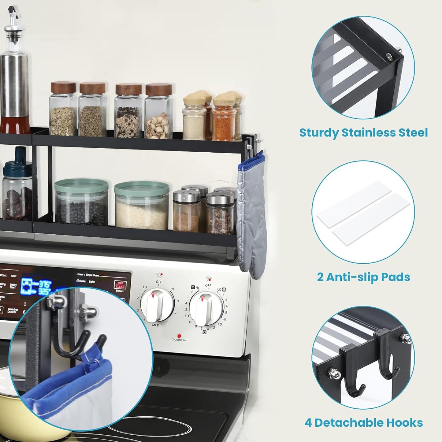 2 Tier Strong Magnetic Oven Shelf with 2 Anti-Slip Mats & 4 Hooks