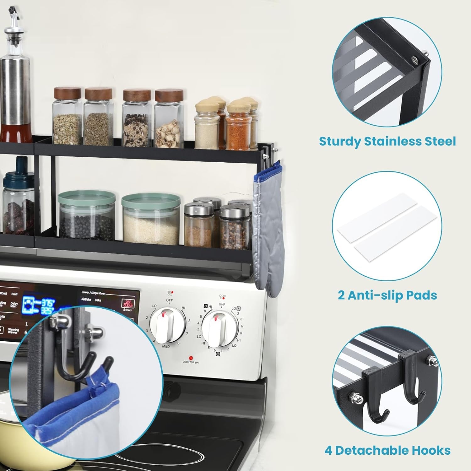 2 Tier Strong Magnetic Oven Shelf with 2 Anti-Slip Mats & 4 Hooks