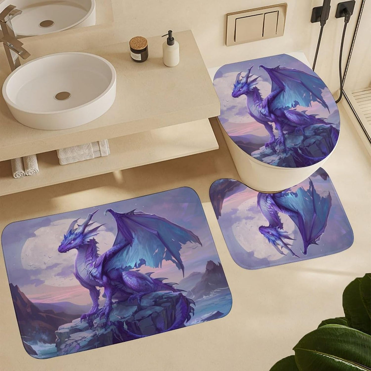 4 Piece Watercolor Dragon Shower Curtain Set with Rugs, Majestic Animal Mountain Moon Include Bathroom Non-Slip Floor Mat, U-Shaped Bath Rug and Toilet Cover Lid with 12 Hooks