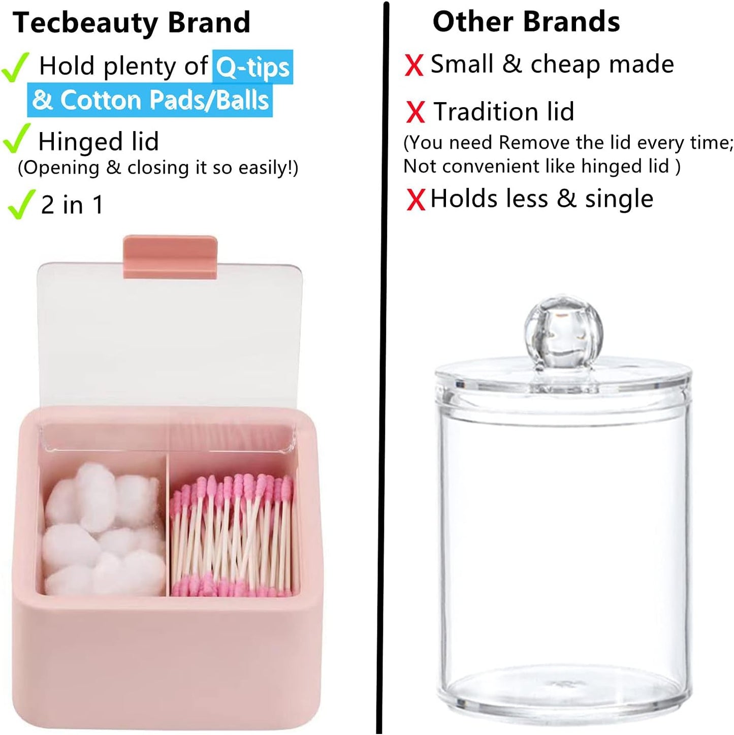 Storage Organizer - 2 Grids Separate  Canisters with Hinged Lids for Cotton Balls, Pads, and other items.