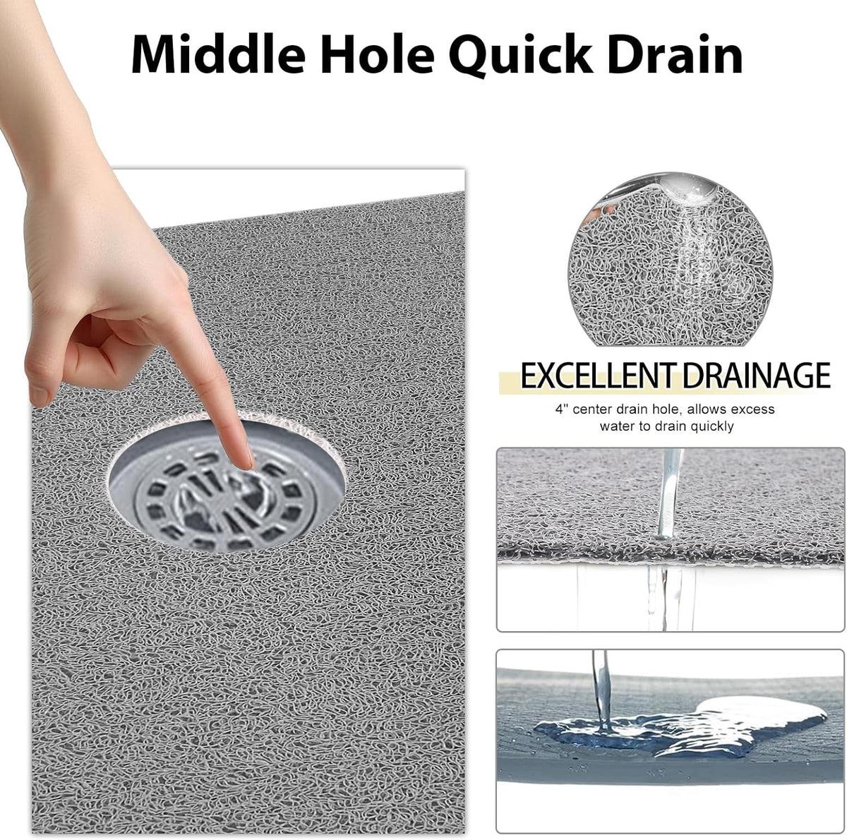 Shower Mat Non Slip, 47" X 32" Extra Large Soft Loofah Shower Mats for inside Shower with Center Drain Hole, anti Slip Shower Floor Mat for Elderly, Quick Drying, Grey