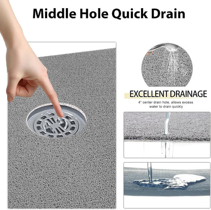 Shower Mat Non Slip, 47" X 32" Extra Large Soft Loofah Shower Mats for inside Shower with Center Drain Hole, anti Slip Shower Floor Mat for Elderly, Quick Drying, Grey