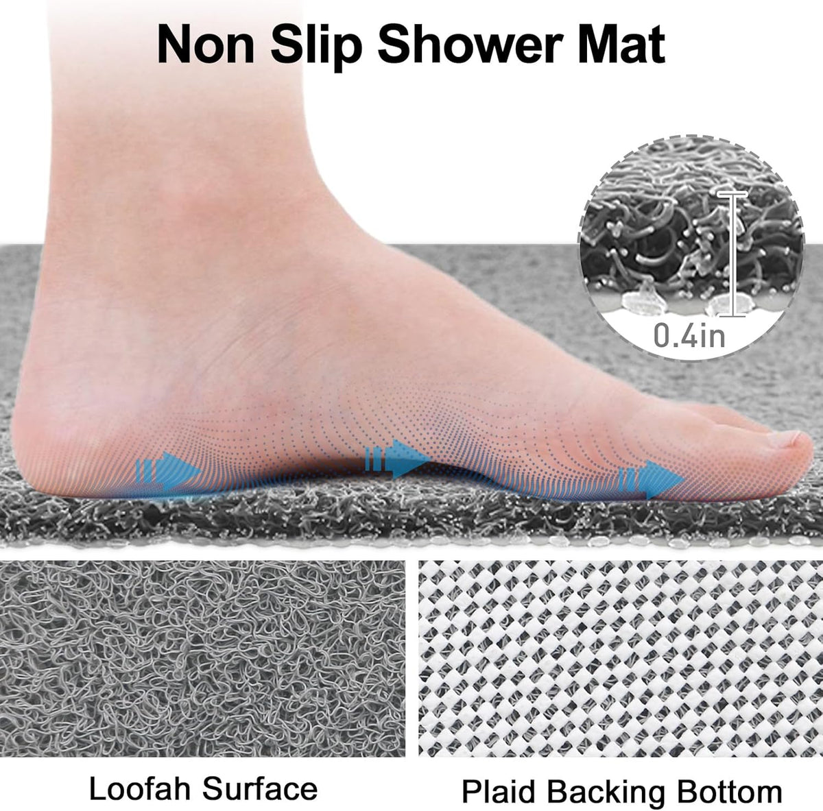 Shower Mat Non Slip, 47" X 32" Extra Large Soft Loofah Shower Mats for inside Shower with Center Drain Hole, anti Slip Shower Floor Mat for Elderly, Quick Drying, Grey