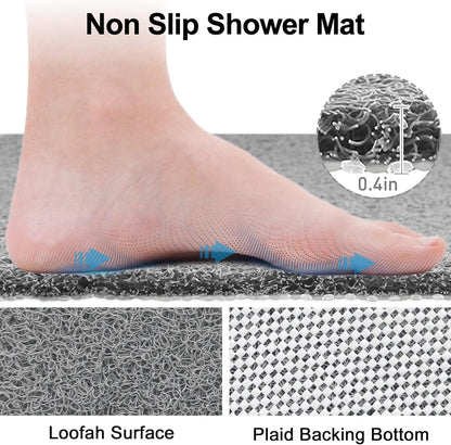 Shower Mat Non Slip, 47" X 32" Extra Large Soft Loofah Shower Mats for inside Shower with Center Drain Hole, anti Slip Shower Floor Mat for Elderly, Quick Drying, Grey