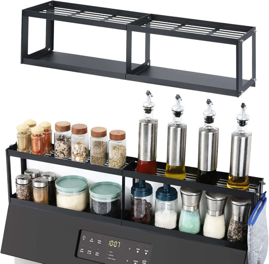 2 tier magnetic oven shelf with hooks holding various spices and oils above an oven, ideal for organizing kitchen essentials.