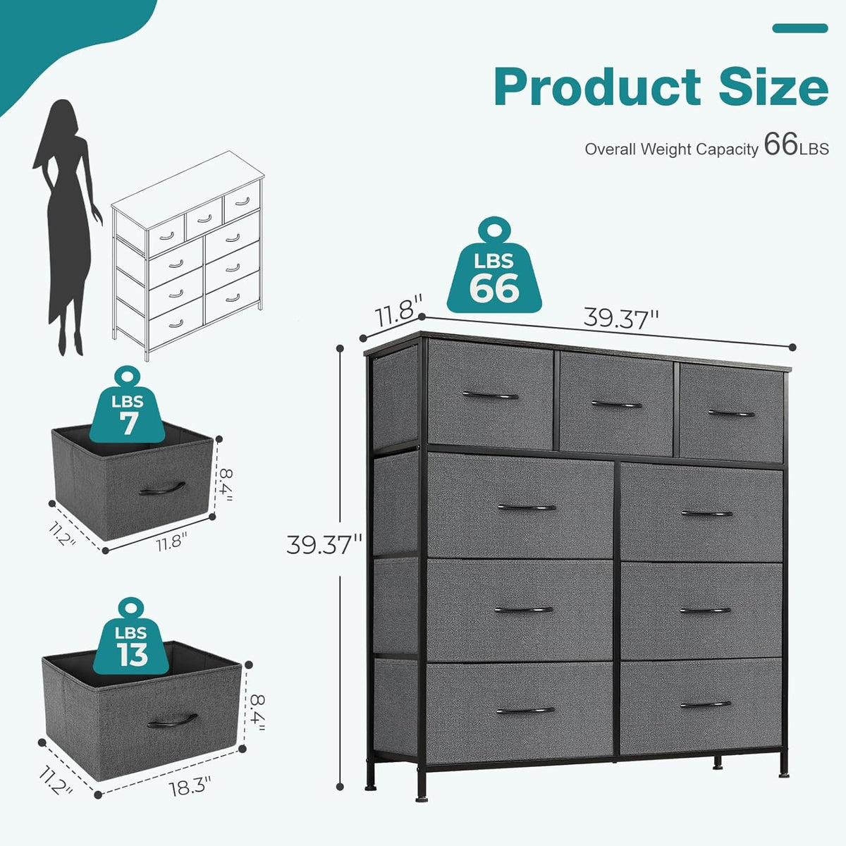 9 Drawers Storage Organizers Units, Closet Organizers and Storage for Clothes, Fabric Storage Drawer for Living Room, Chest of Dresser in 39.4" D X 11.8" W X 39.9" H, Grey