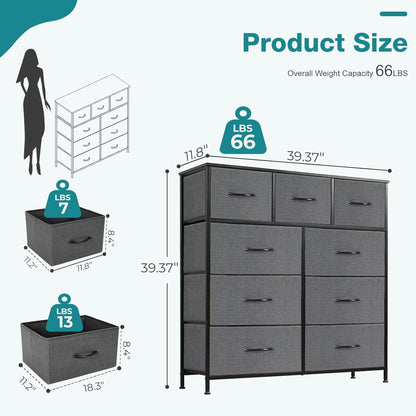 9 Drawers Storage Organizers Units, Closet Organizers and Storage for Clothes, Fabric Storage Drawer for Living Room, Chest of Dresser in 39.4" D X 11.8" W X 39.9" H, Grey