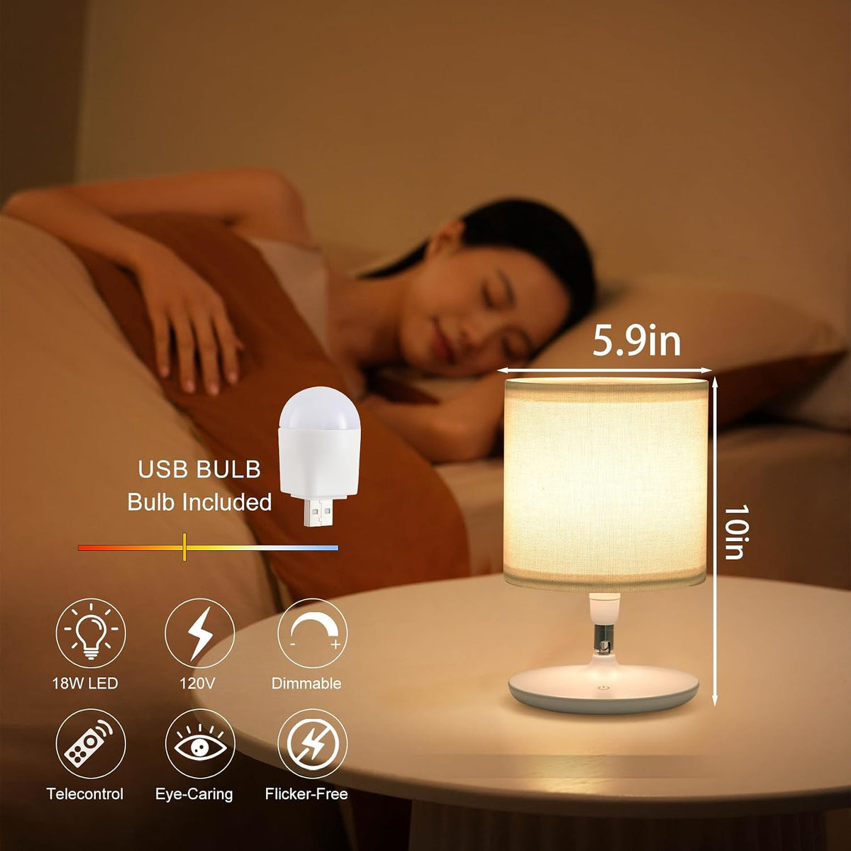 Dimmable Bedside Table Lamps, Set of 2 – USB-C Charging, Touch & Remote Control