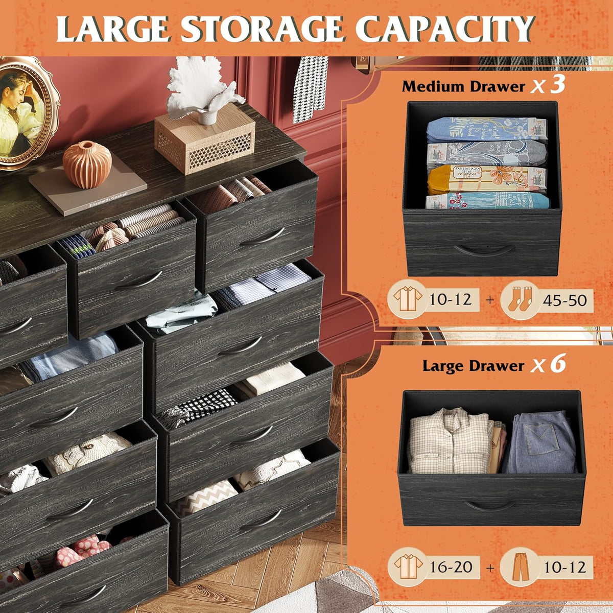 3 Drawer and 9 Drawer Dresser Set, Dresser for Bedroom, Closet, Hallway, Storage Organizer Unit, Dressers & Chests of Drawers with Fabric Bins, Charcoal Black Wood Grain Print