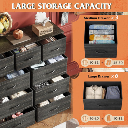 3 Drawer and 9 Drawer Dresser Set, Dresser for Bedroom, Closet, Hallway, Storage Organizer Unit, Dressers & Chests of Drawers with Fabric Bins, Charcoal Black Wood Grain Print